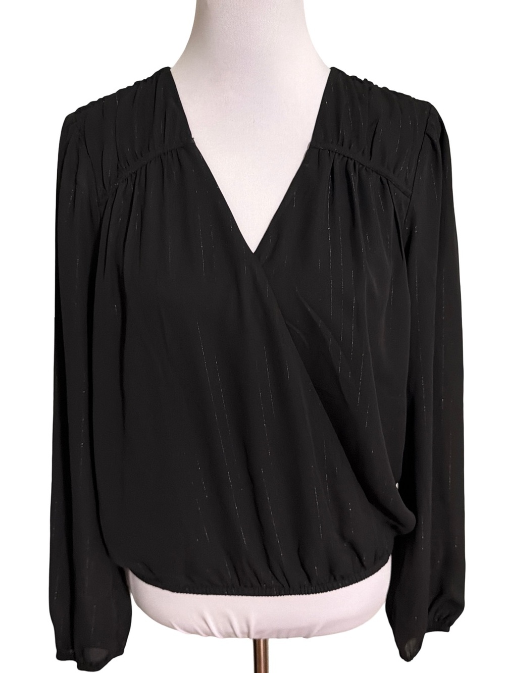 Black Long-Sleeve Wrap-Front Blouse